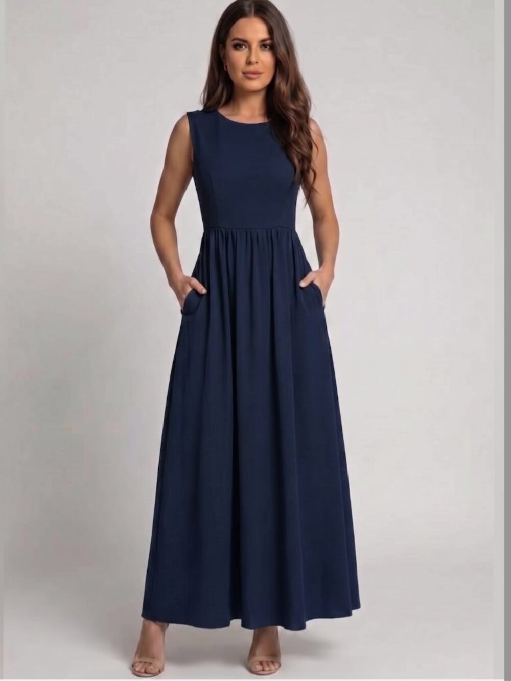 Gathered-Waist A-Line Maxi Dress With Pockets Blue